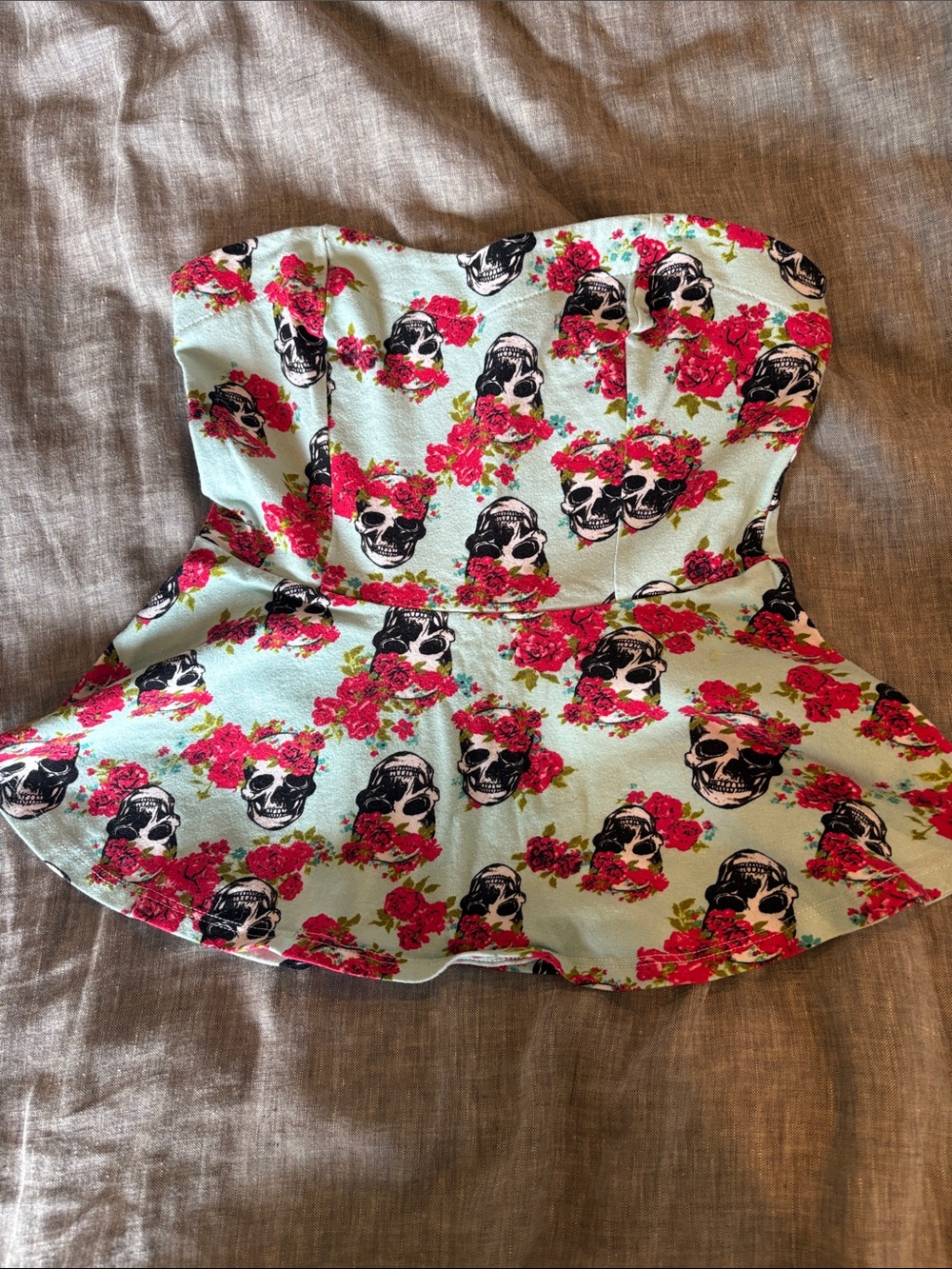 Kirra Mint Strapless Peplum Tank Top with Pink Floral Skull Print